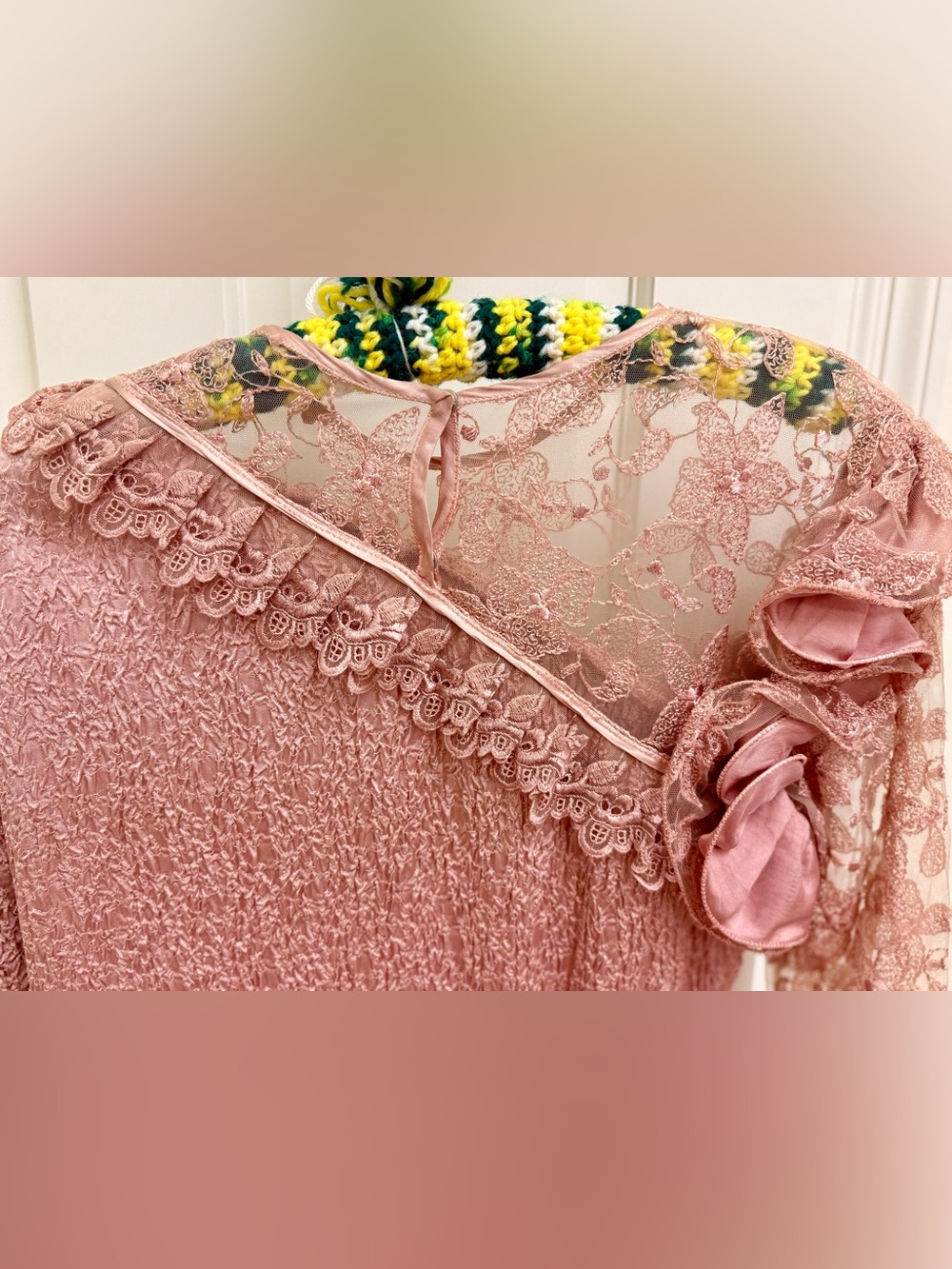 LA PASITEA Vintage Rare Made In Italy Fairy Y2K Dusty Rose Crinkled Lace Dress - Picture 7 of 16